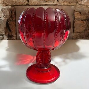 VTG Northwood Beaded Panels 
Ruby Red Glass Footed Rose Candy Bowl Candle Holder